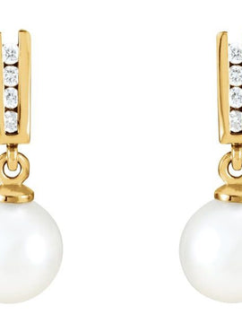 14K Yellow Gold Cultured White Akoya Pearl & 1/10 CTW Natural Diamond Earrings