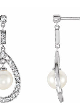 14K White Gold Cultured White Freshwater Pearl & 1/4 CTW Natural Diamond Earrings