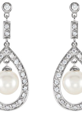14K White Gold Cultured White Freshwater Pearl & 1/4 CTW Natural Diamond Earrings