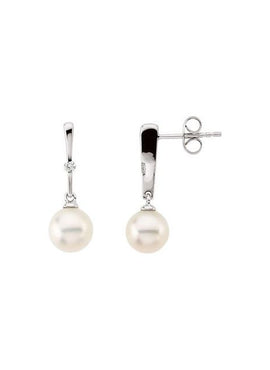 14K White Gold Cultured White Freshwater Pearl & .06 CTW Natural Diamond Earrings