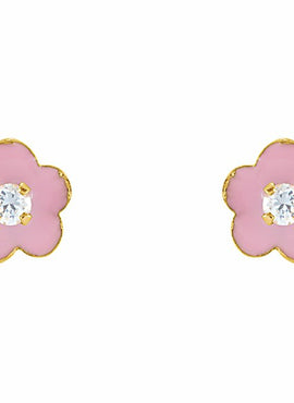14K Yellow Gold 2 mm Imitation White Cubic Zirconia & Pink Enamel Flower Youth Earrings