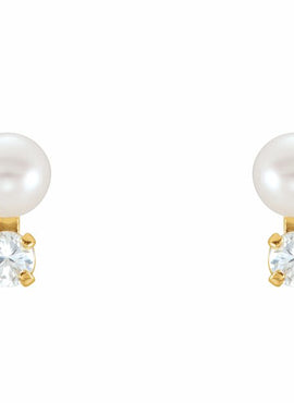 14K Yellow Gold Cultured White Freshwater Pearl & Imitation White Cubic Zirconia Earrings