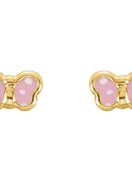 14K Yellow Gold Pink Enamel Butterfly Earrings