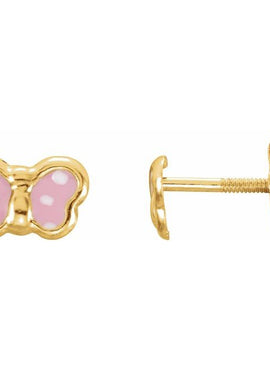 14K Yellow Gold Pink Enamel Butterfly Earrings