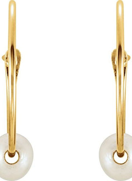 14K Yellow Gold Cultured White Freshwater Pearl Youth Huggie Earrings