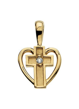 14K Yellow Gold .01 CT Natural Diamond Cross & Heart Pendant