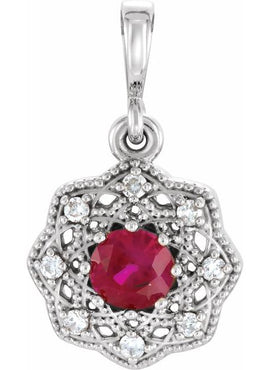 14K White Gold Natural Ruby & .06 CTW Natural Diamond Halo-Style Pendant