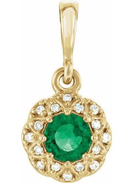 14K Yellow Gold Natural Emerald & .04 CTW Natural Diamond Halo-Style Pendant