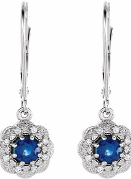 14K White Gold Natural Blue Sapphire & 1/10 CTW Natural Diamond Halo-Style Earrings