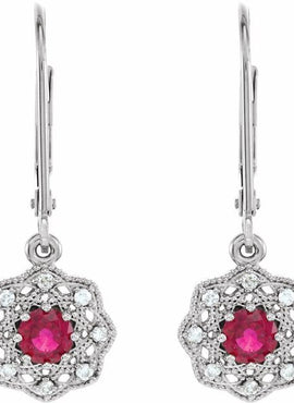 14K White Gold Natural Ruby & 1/10 CTW Natural Diamond Halo-Style Earrings