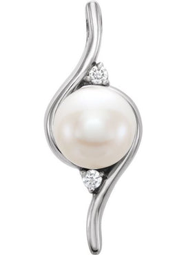 14K White Gold Cultured White Freshwater Pearl & .03 CTW Natural Diamond Pendant