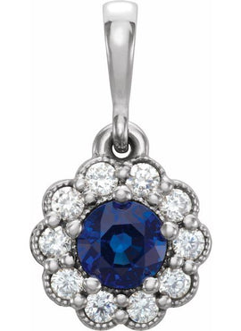 14K White Gold Natural Blue Sapphire & 1/8 CTW Natural Diamond Pendant