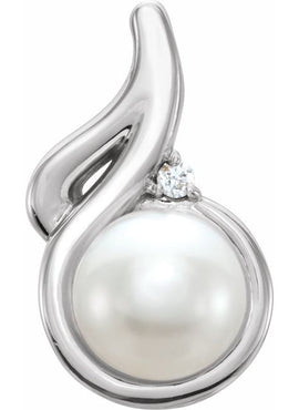 14K White Gold Cultured White Freshwater Pearl & .015 CT Natural Diamond Pendant