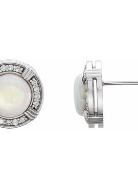 14K Yellow Gold Natural White Opal & 1/8 CTW Natural Diamond Earrings
