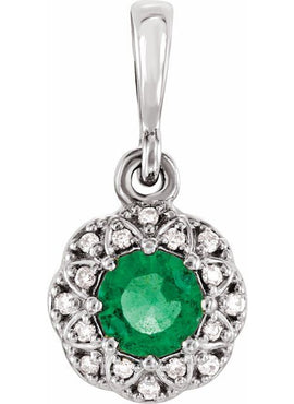 14K Yellow Gold Natural Emerald & .04 CTW Natural Diamond Halo-Style Pendant