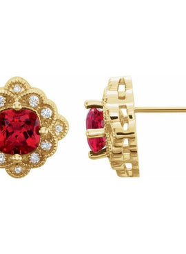 14K White Gold Lab-Grown Ruby & .08 CTW Natural Diamond Earrings