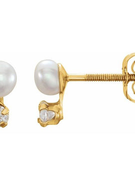 14K Yellow Gold Cultured White Freshwater Pearl & Imitation White Cubic Zirconia Earrings