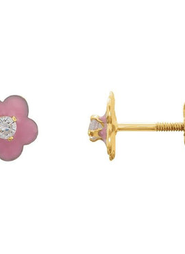 14K Yellow Gold 2 mm Imitation White Cubic Zirconia & Pink Enamel Flower Youth Earrings