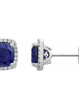14K White Gold Lab-Grown Blue Sapphire & 1/8 CTW Natural Diamond Earrings