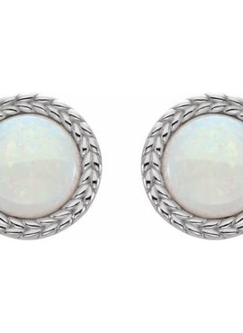 14K White Gold Natural White Opal Bezel-Set Leaf Earrings