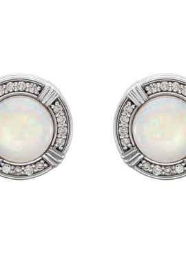 14K Yellow Gold Natural White Opal & 1/8 CTW Natural Diamond Earrings