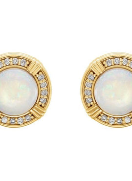 14K Yellow Gold Natural White Opal & 1/8 CTW Natural Diamond Earrings