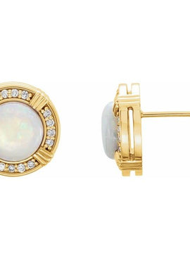 14K Yellow Gold Natural White Opal & 1/8 CTW Natural Diamond Earrings