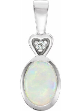 14K White Gold Natural White Opal & .02 CT Natural Diamond Bezel-Set Pendant