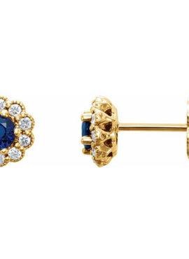 14K Yellow Gold 3.2 mm Natural Blue Sapphire & 1/8 CTW Natural Diamond Earrings