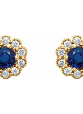 14K Yellow Gold 3.2 mm Natural Blue Sapphire & 1/8 CTW Natural Diamond Earrings