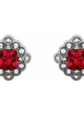 14K White Gold Lab-Grown Ruby & .08 CTW Natural Diamond Earrings