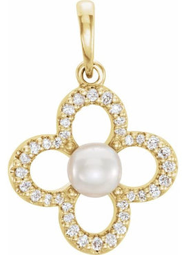 14K White Gold Cultured White Freshwater Pearl & 1/8 CTW Natural Diamond Clover Pendant