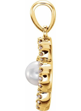 14K White Gold Cultured White Freshwater Pearl & 1/8 CTW Natural Diamond Clover Pendant