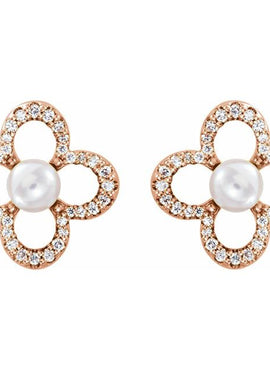14K White Gold Cultured White Freshwater Pearl & 1/4 CTW Natural Diamond Earrings