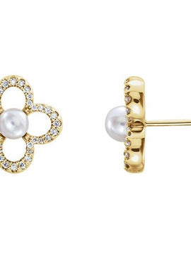 14K White Gold Cultured White Freshwater Pearl & 1/4 CTW Natural Diamond Earrings