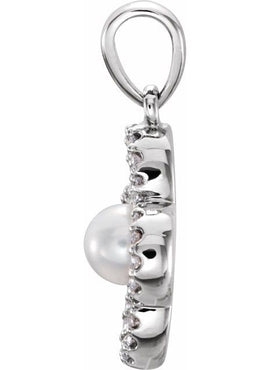 14K White Gold Cultured White Freshwater Pearl & 1/8 CTW Natural Diamond Clover Pendant