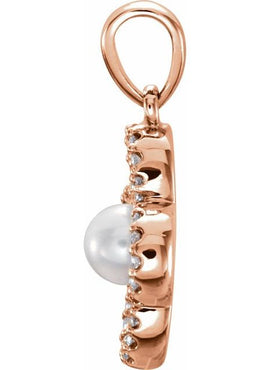 14K White Gold Cultured White Freshwater Pearl & 1/8 CTW Natural Diamond Clover Pendant