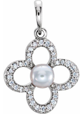 14K White Gold Cultured White Freshwater Pearl & 1/8 CTW Natural Diamond Clover Pendant