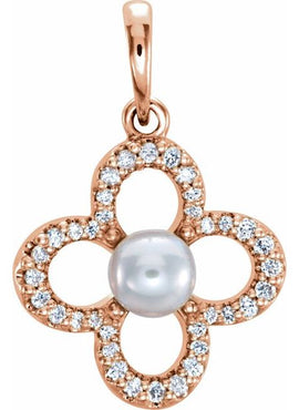 14K White Gold Cultured White Freshwater Pearl & 1/8 CTW Natural Diamond Clover Pendant