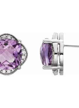 14K White Gold Checkerboard Natural Amethyst & 1/5 CTW Natural Diamond Earrings