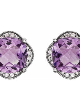 14K White Gold Checkerboard Natural Amethyst & 1/5 CTW Natural Diamond Earrings