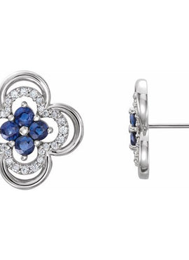 14K White Gold Natural Blue Sapphire & 1/5 CTW Natural Diamond Clover Earrings