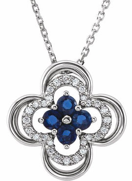 14K White Gold Natural Blue Sapphire & 1/10 CTW Natural Diamond Clover 18