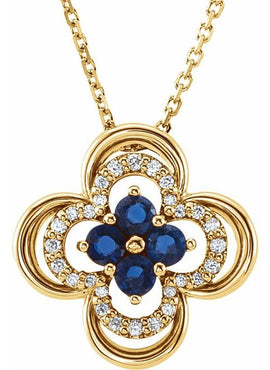 14K White Gold Natural Blue Sapphire & 1/10 CTW Natural Diamond Clover 18