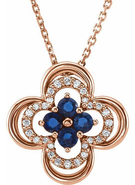 14K White Gold Natural Blue Sapphire & 1/10 CTW Natural Diamond Clover 18