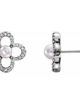 14K White Gold Cultured White Freshwater Pearl & 1/4 CTW Natural Diamond Earrings
