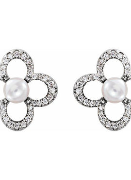 14K White Gold Cultured White Freshwater Pearl & 1/4 CTW Natural Diamond Earrings