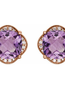 14K White Gold Checkerboard Natural Amethyst & 1/5 CTW Natural Diamond Earrings
