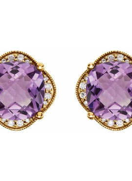 14K White Gold Checkerboard Natural Amethyst & 1/5 CTW Natural Diamond Earrings