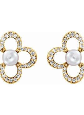 14K White Gold Cultured White Freshwater Pearl & 1/4 CTW Natural Diamond Earrings